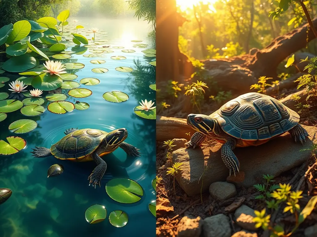 Ilustración fotorrealista de tortugas en hábitats opuestos