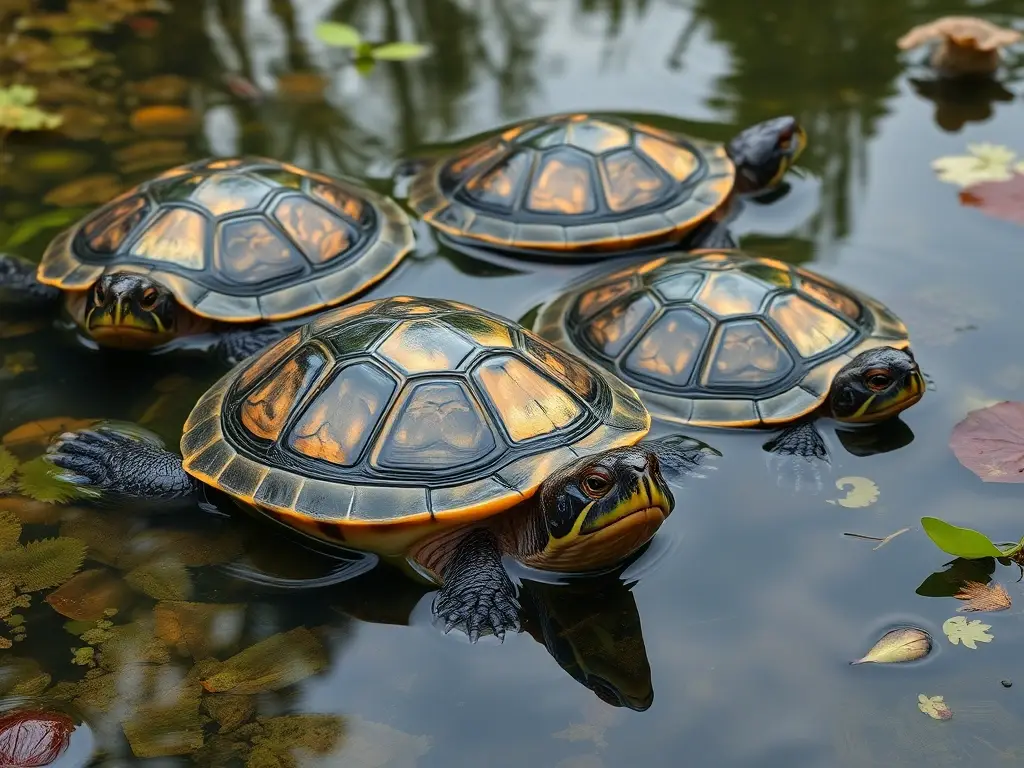 Fotorealista de tortugas de agua y tierra en un lago