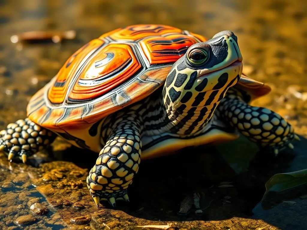 Un retrato realista y detallado de una tortuga pintada se expone en un prado soleado