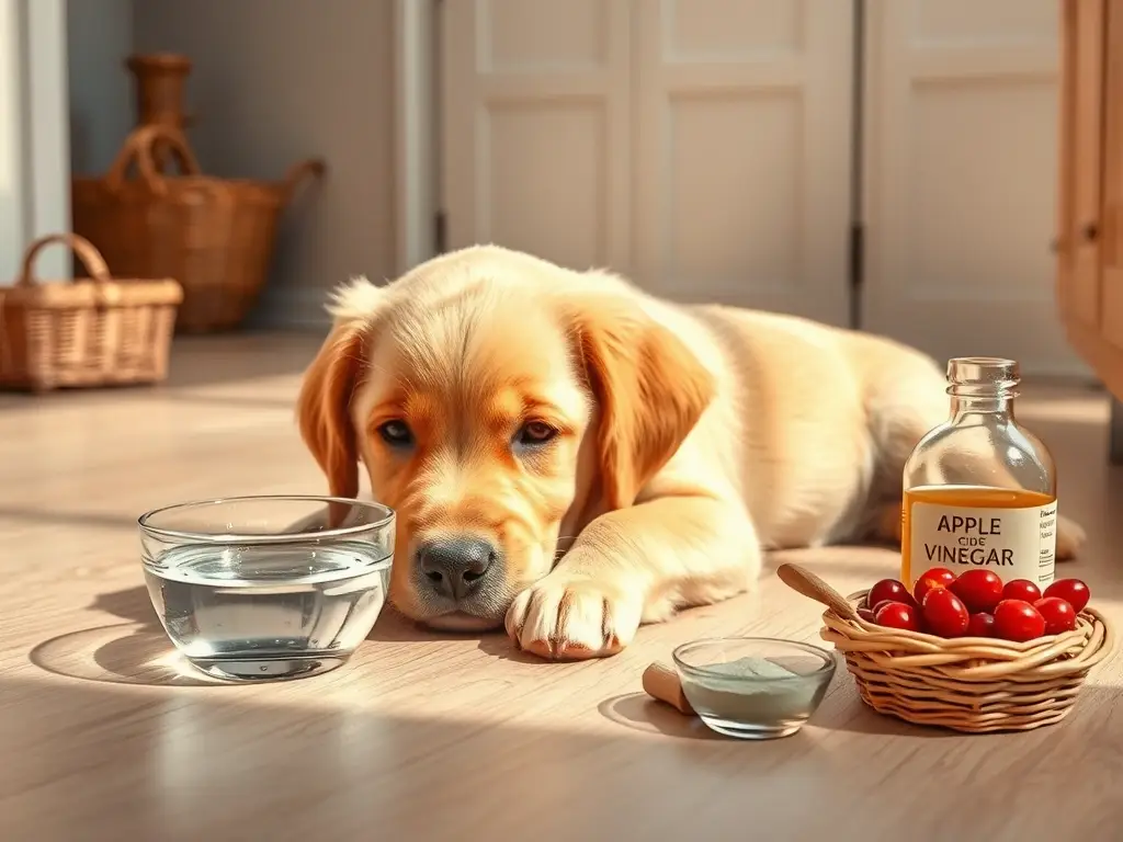 Cachorro golden retriever yace en cocina