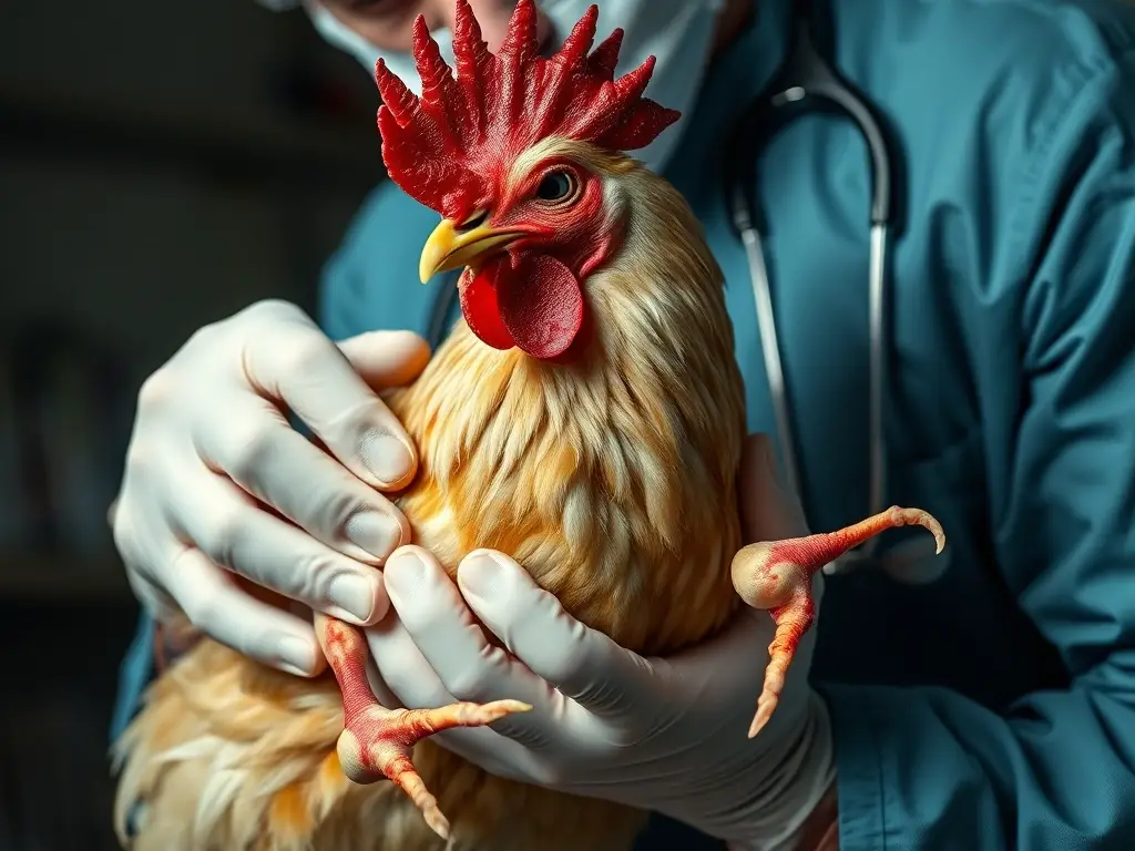 Imagen realista y detallada de un veterinario examinando a una gallina angustiada