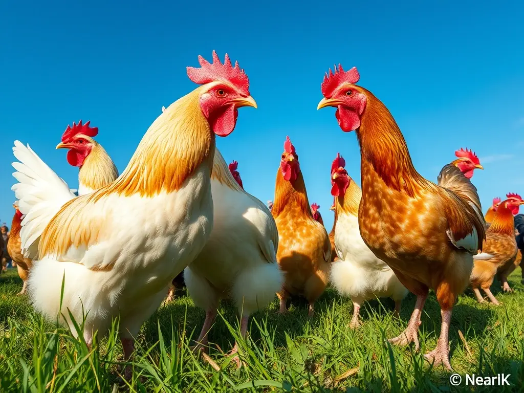 Ilustración fotográfica realista de gallinas en pastoreo
