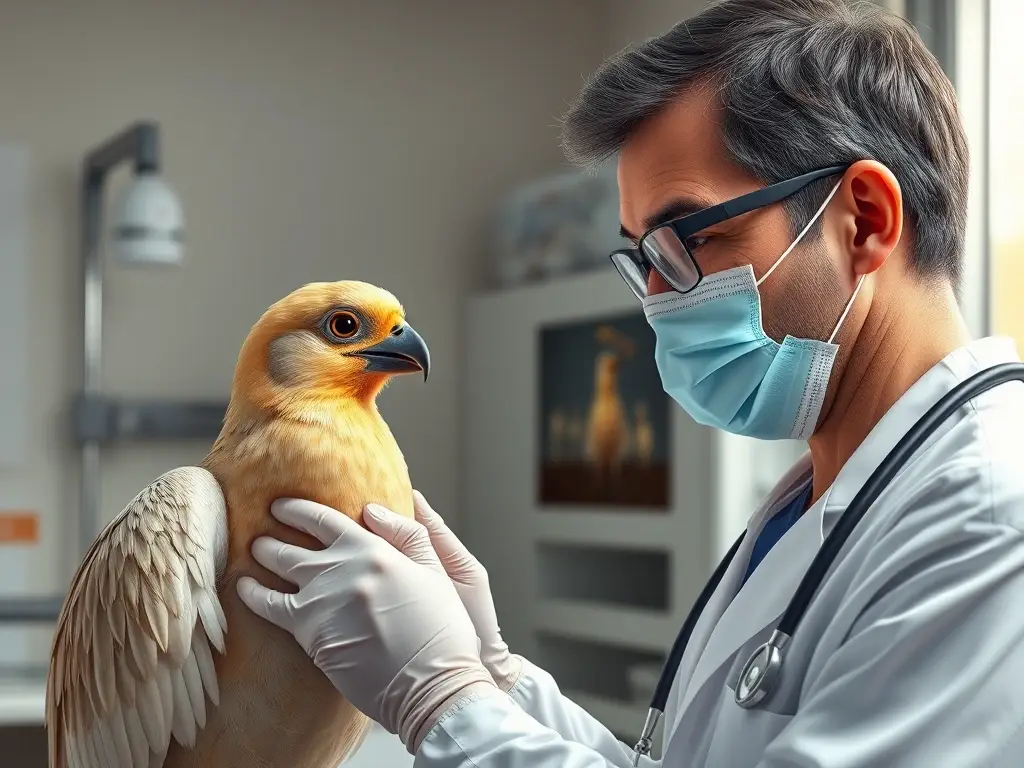 Un retrato realista de un veterinario inspeccionando un ave en un entorno clínico
