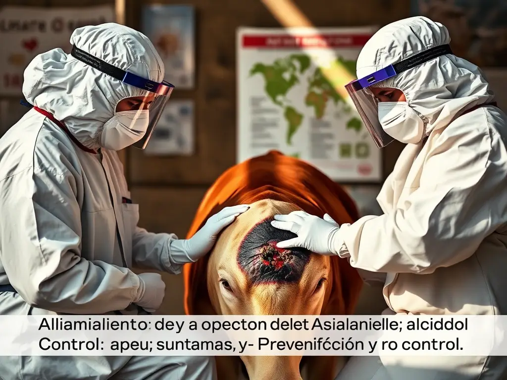 Un retrato realista de dos trabajadores sanitarios cuidando a una vaca con una ampollas sutilmente visible