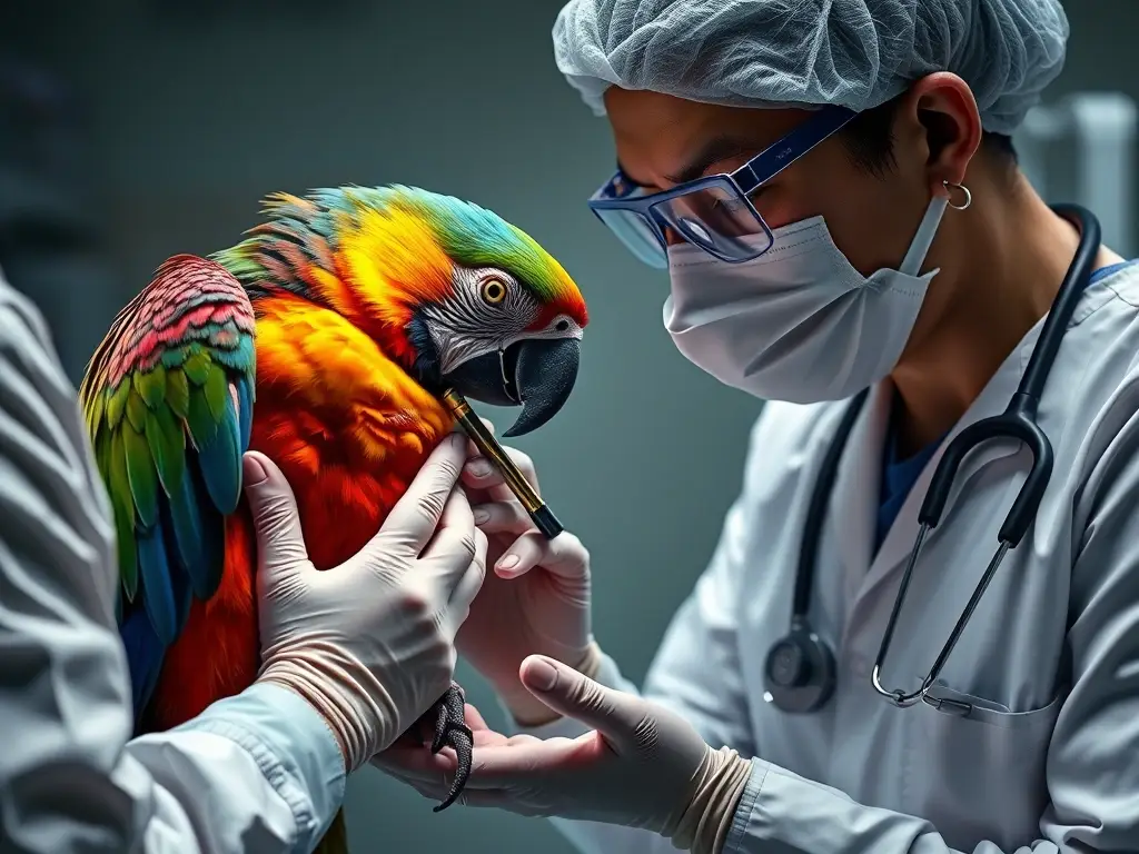 Imagen realista de veterinario de aves examinando un loro infectado