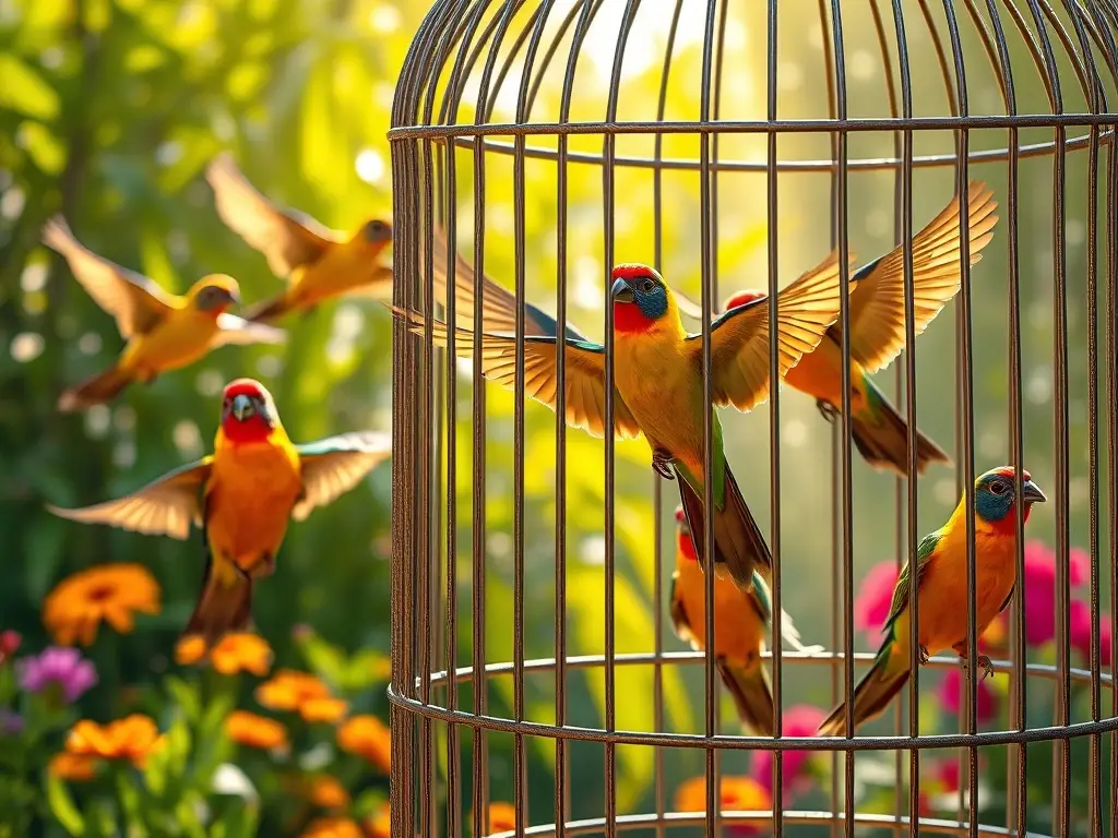 Fotografía realista de pájaros libres con un jaula impecable