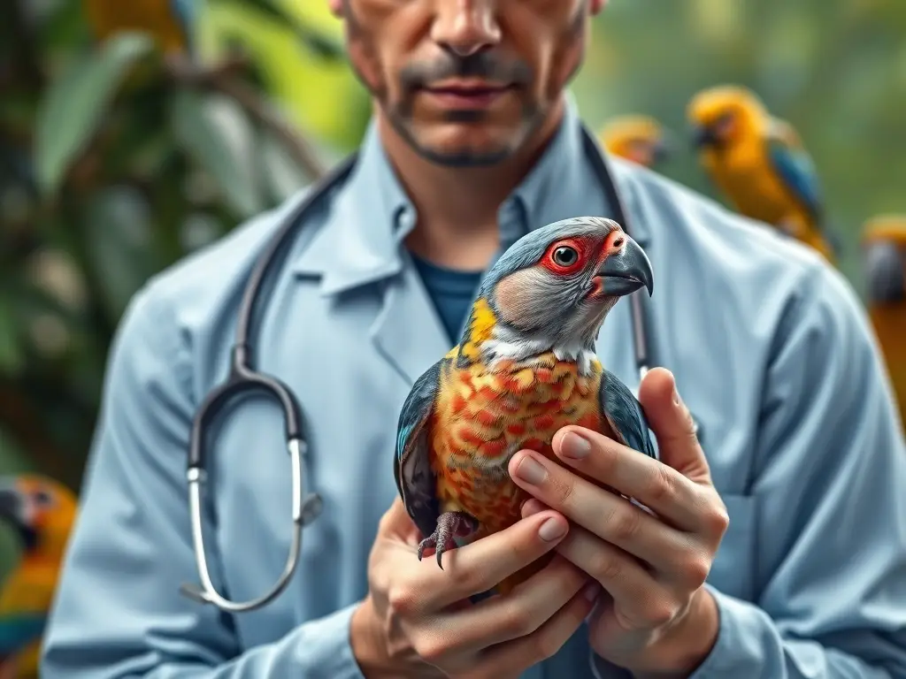 Fotografía realista de veterinario con ave, enfoque en anatomía