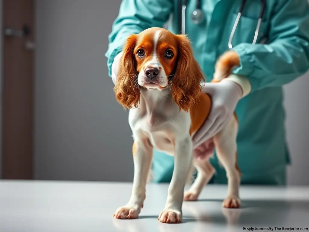 Fotografía realista de perro spaniel examinado por médico