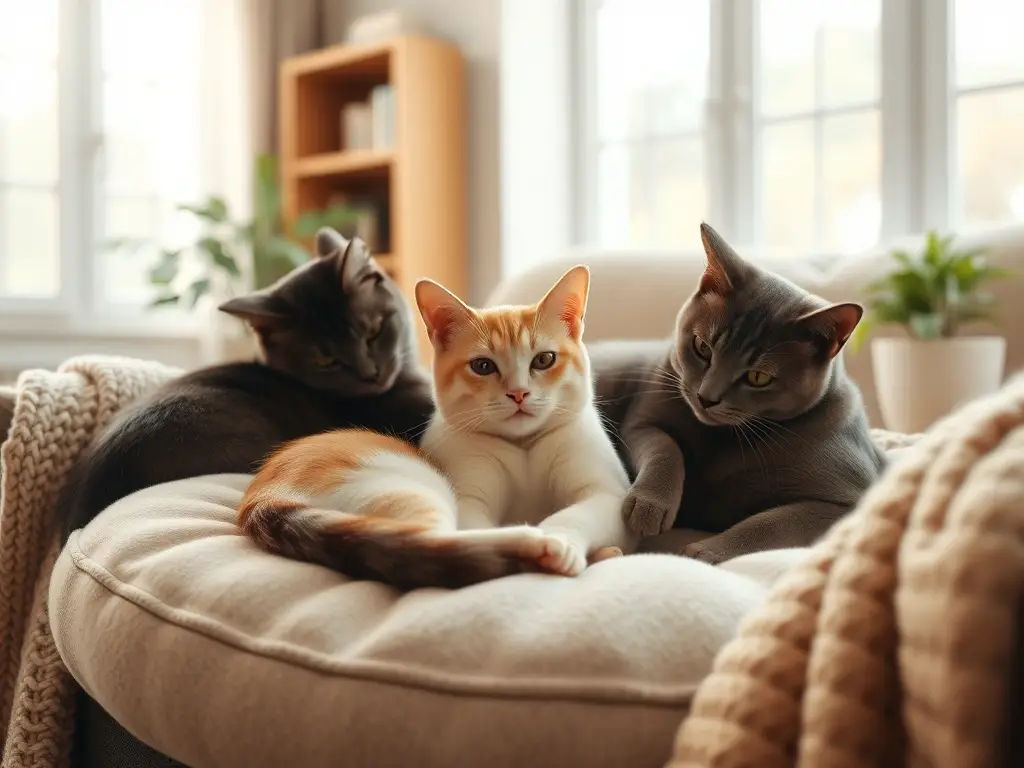 Sala iluminada, gato pálido entre dos gatos
