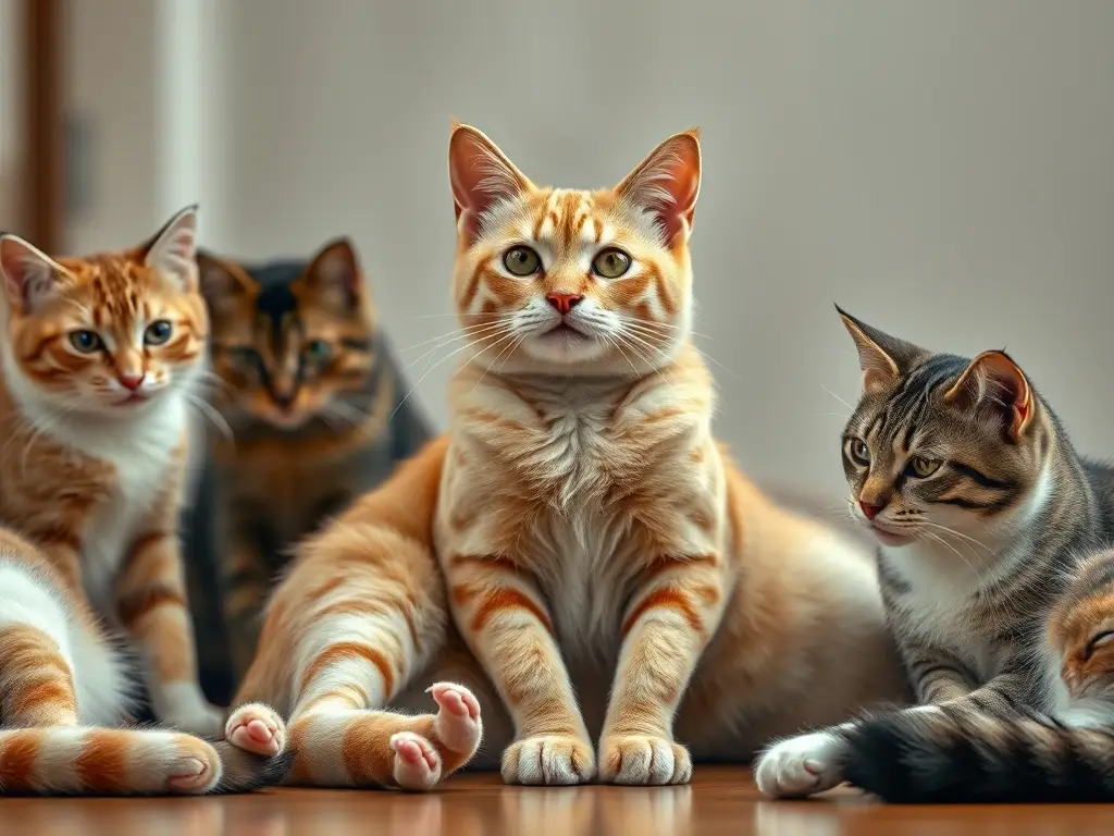 Un retrato real de un gato con cáncer, tranquilo con otros gatos