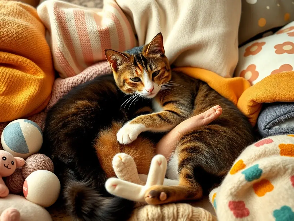 Imagen realista de gatos con cáncer, relajados con juguetes y mantas, estética cálida