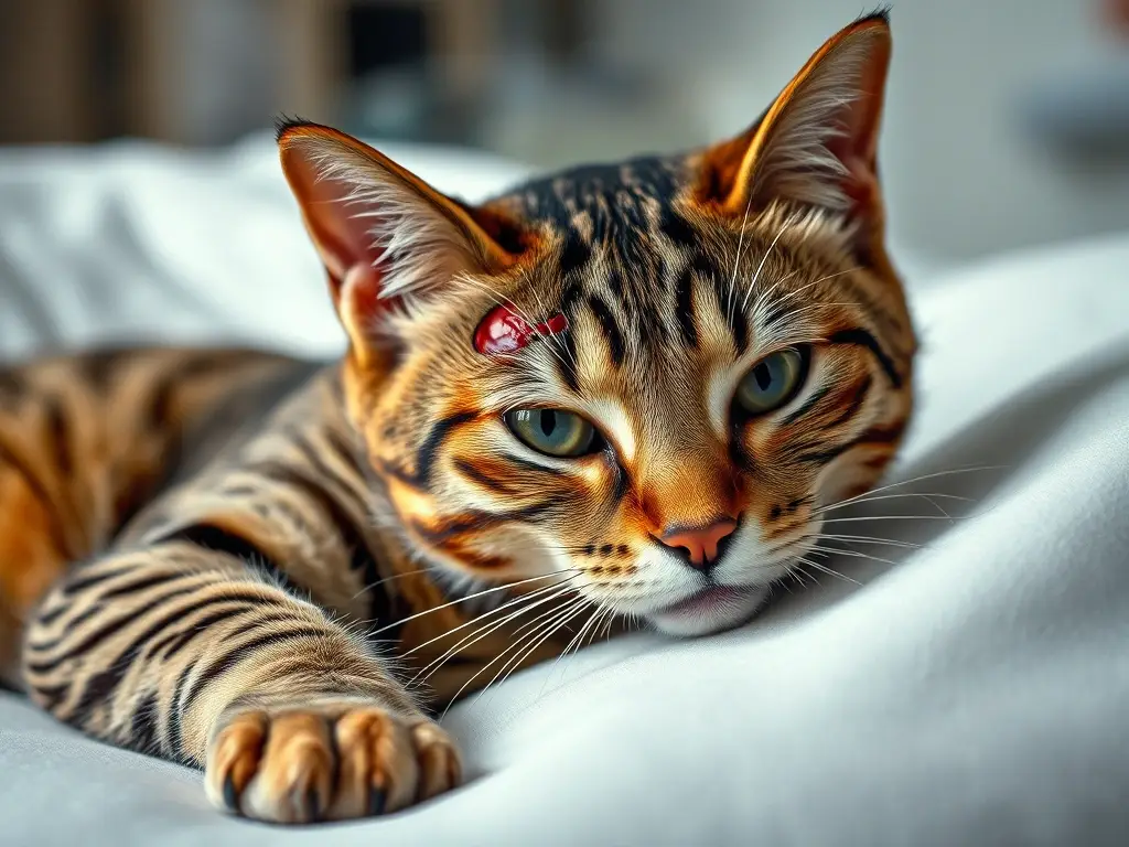 Foto realista de un gato tabby con abscesso en la cabeza