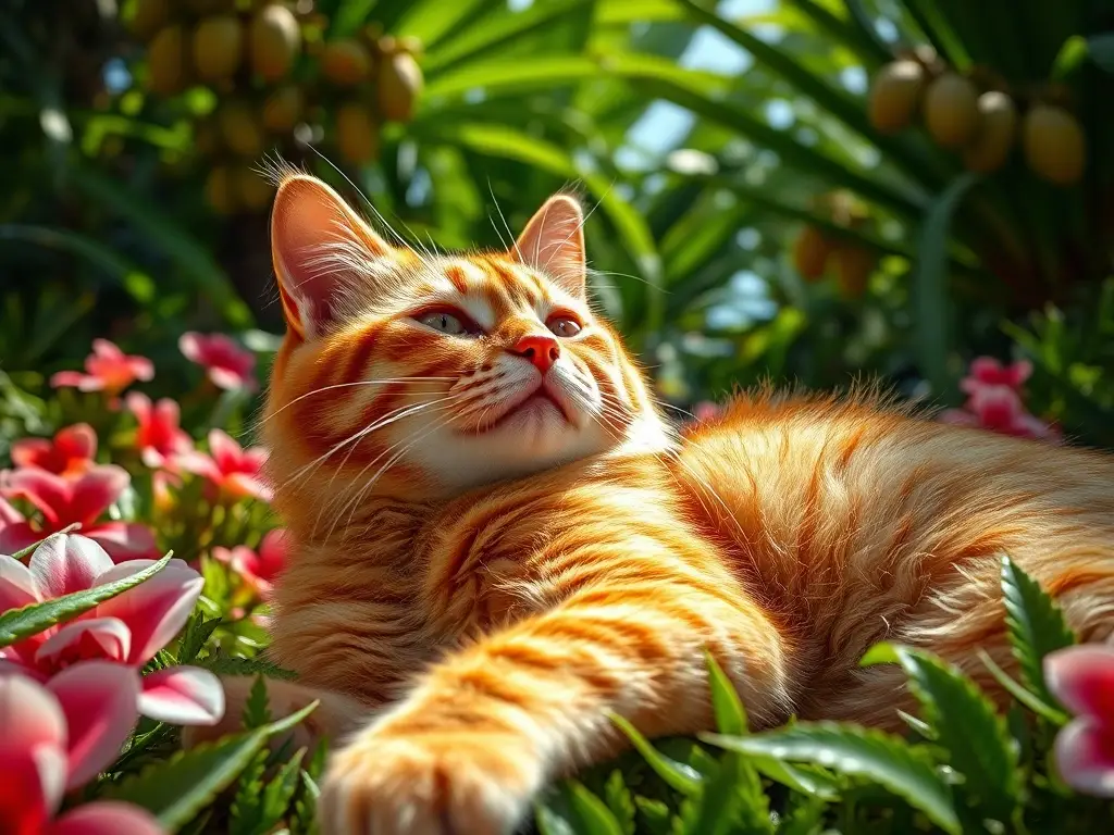 Una cat majestuosa y relajada disfrutar de un jardín tropical