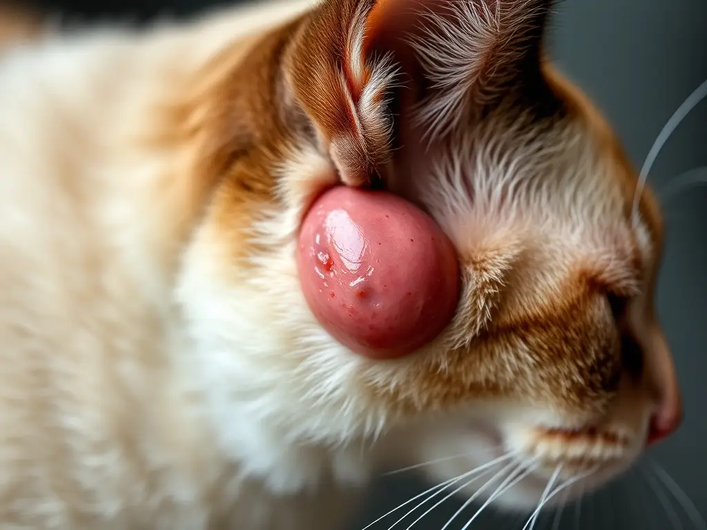 Fotografía realista de un gato siames en cerca con absceso en la oreja, foco nítido