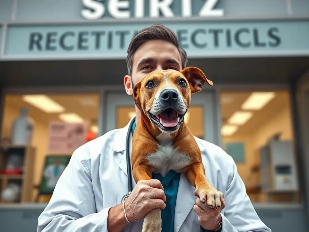 Imagen realista de un veterinario sonriendo en un centro veterinario
