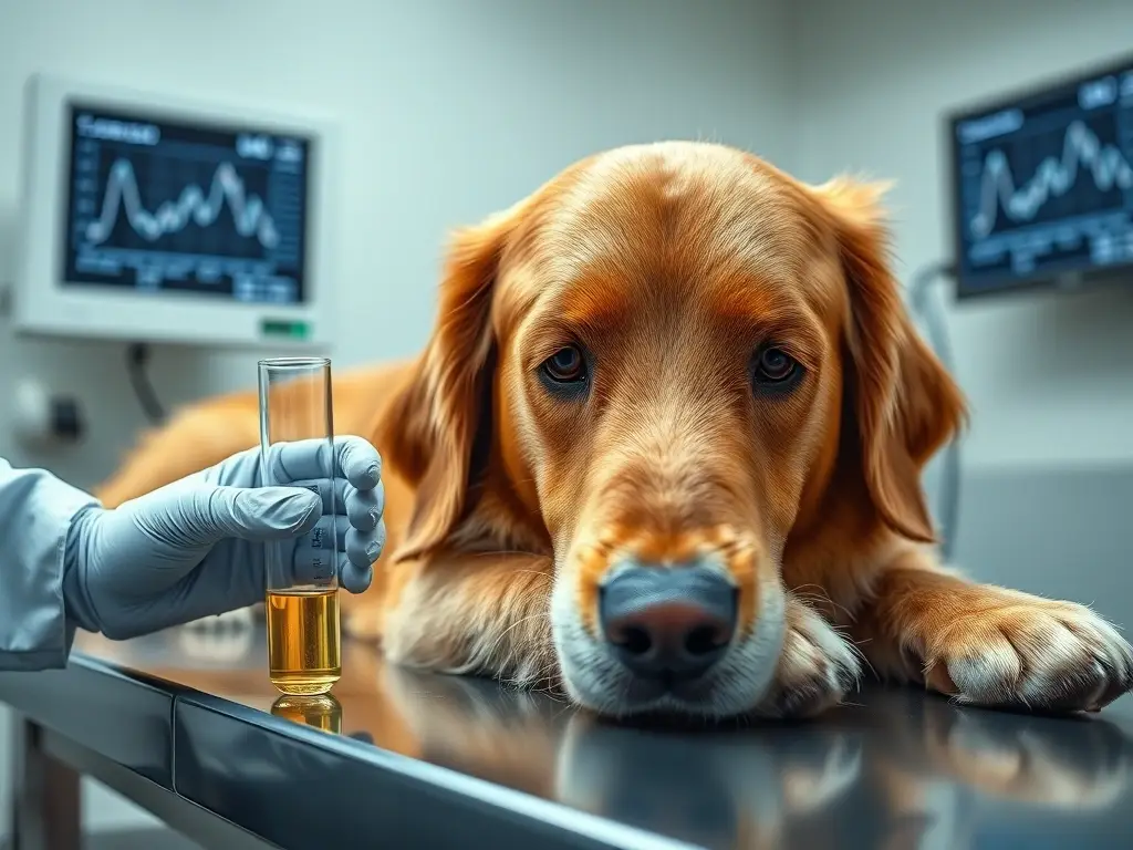 Perro en examen, tubo de orina