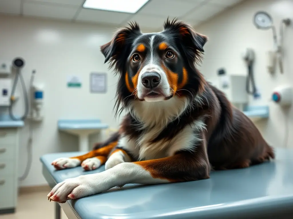 Foto digital realista de una clínica veterinaria con un Collie de raza Border en una mesa de examinación