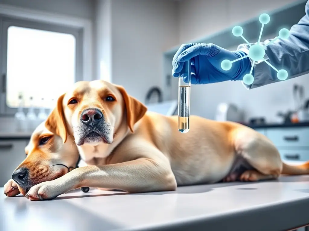 Perro sano en mesa veterinaria con tubo