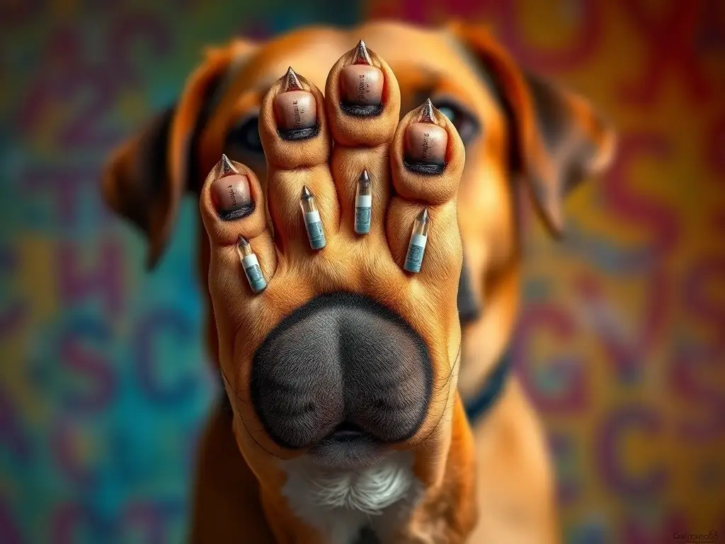Es un retrato realista de la pata de un perro con cuatro vacunas
