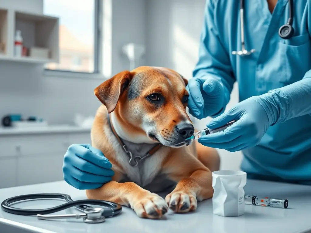 Perro tranquilo en clínica, recibiendo vacuna