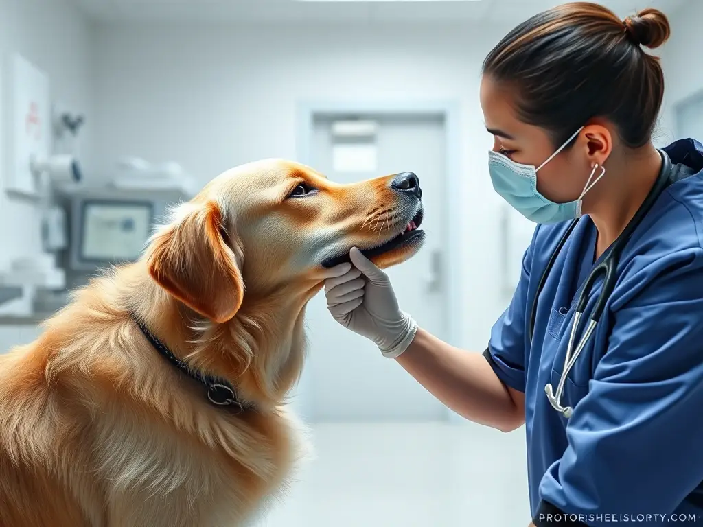 Fotorealista, 8K, veterinario revisando el cuello de un Golden Retriever en un hospital veterinario