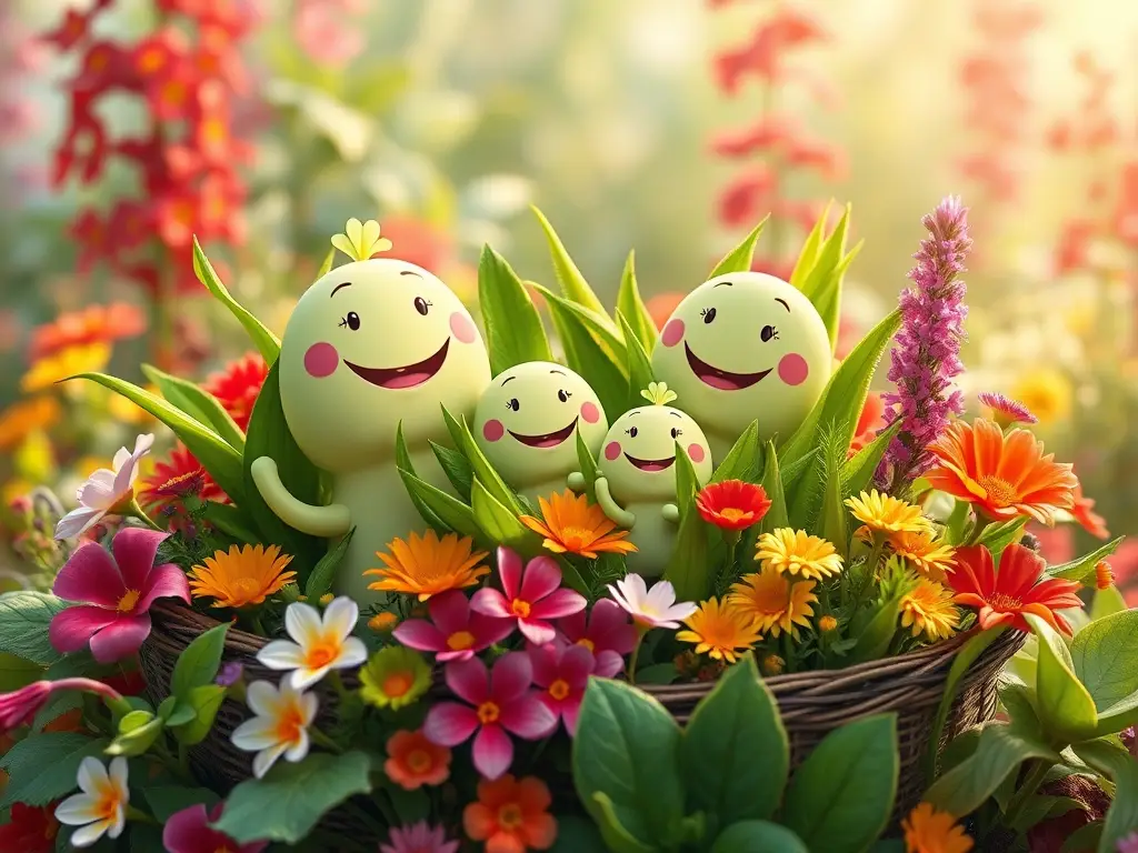 Ilustración fotosíntética de una familia de plantas con colores