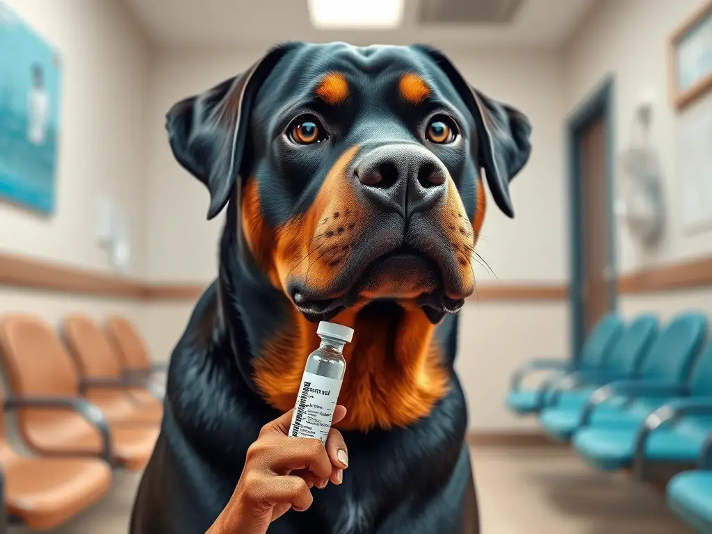 Un retrato realista de un Rottweiler con una vial de vacuna en una sala de espera veterinaria