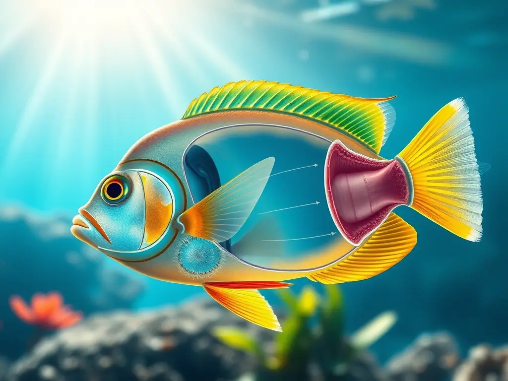Ilustración fotorrealista de pez con vejiga anatómica