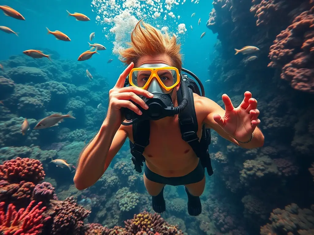 Imagen realista y 8K de un diver bajo coral con detalles intrincados, sin texto