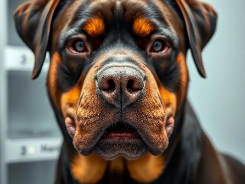 Fotografía realista de un Rottweiler con tumores en las patas