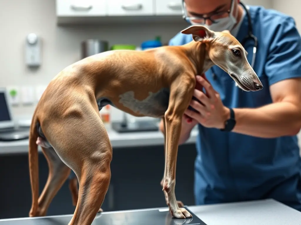 Ilustración fotográfica realística de un Greyhound siendo examinado por un veterinario