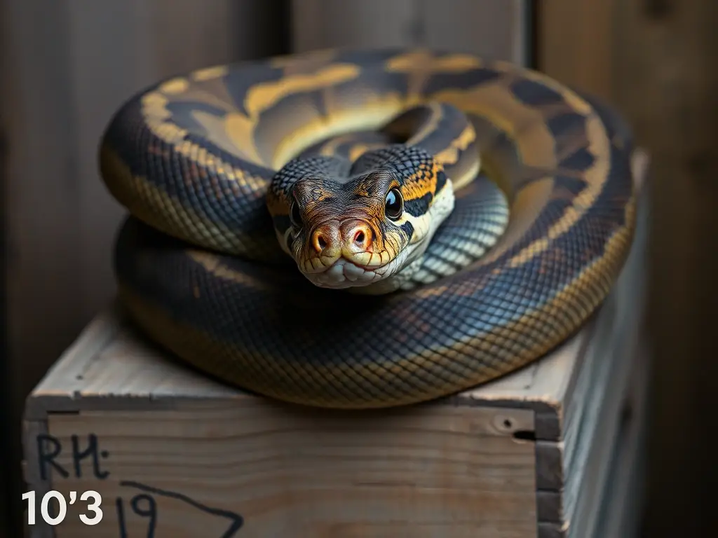 Retrato de boa constrictor realista en una caja rústica