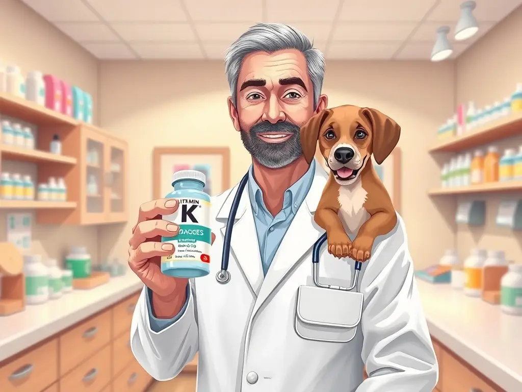Ilustración fotográfica realista de un veterinario con una botella de vitamina K para perros