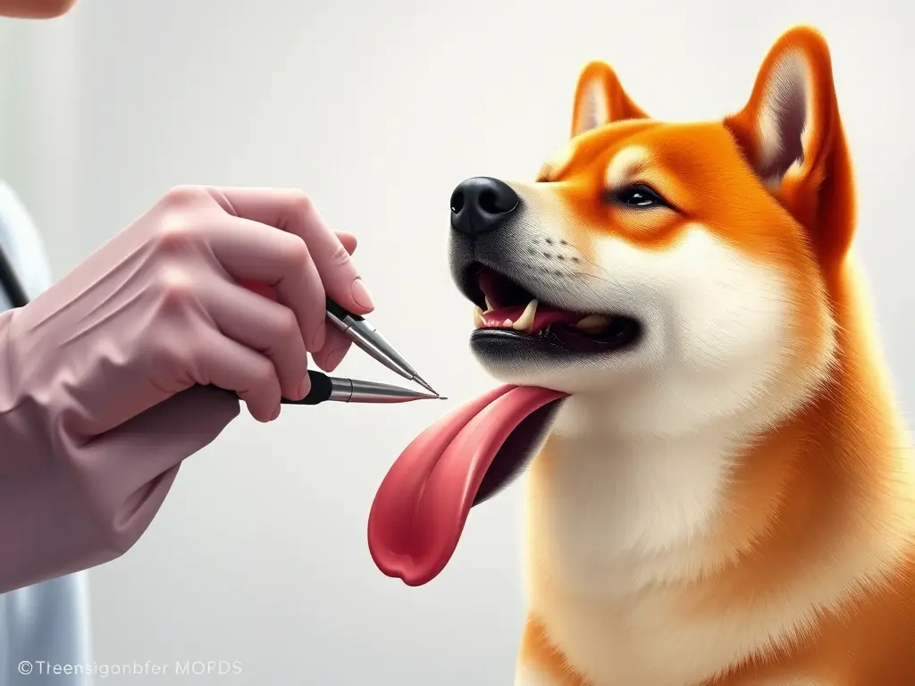 Illustration precisa de un veterinarian examinando el lenguaje de un Shiba Inu