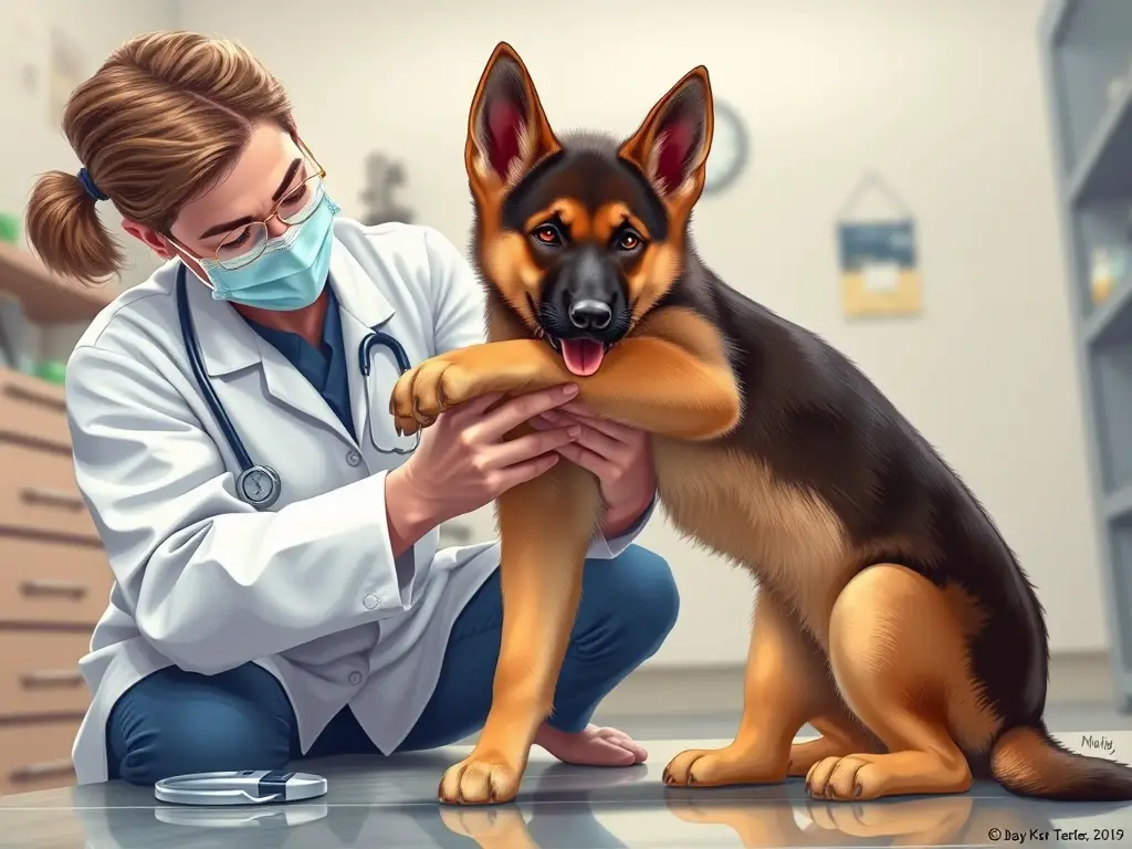 Fotografía realista de un veterinario examinando patas de cachorro alemán