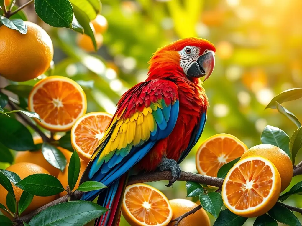 Loro vibrante en rama con cítricos
