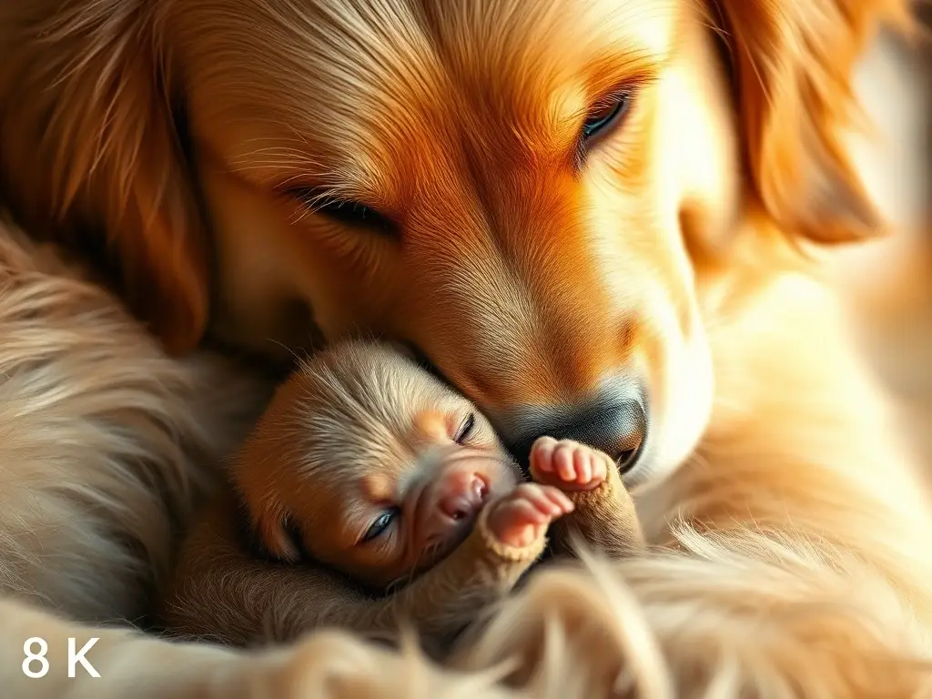 Fotografía realista de una madre golden retriever con cachorros cerca