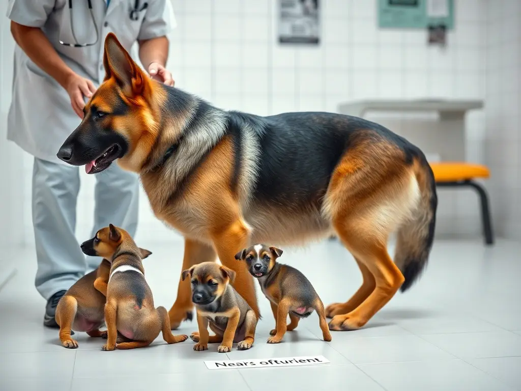 Una imagen de perro pastor alemán embarazada examinado por un veterinario