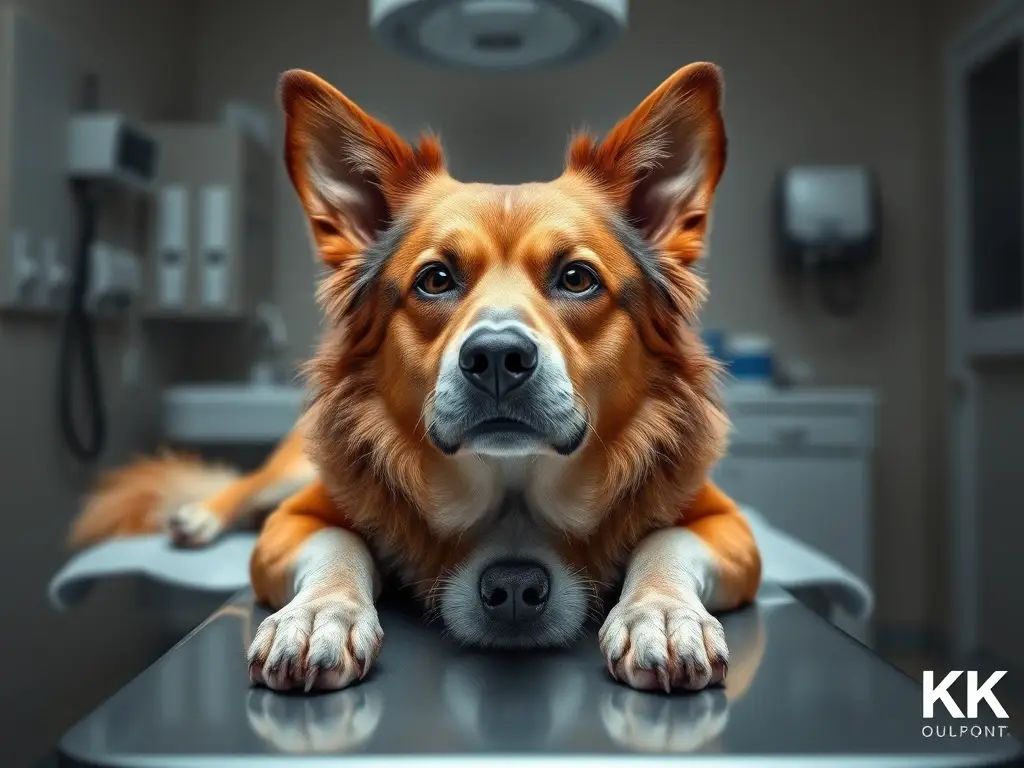 Arte fotorealista de un perro mestizo relajado en consultorio de veterinario