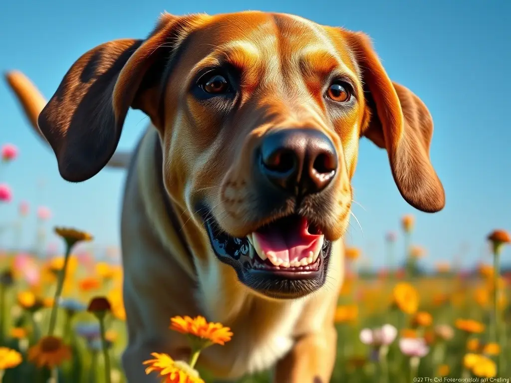 Fotografía realista de labrador riendo, campo de flores, cielo azul este