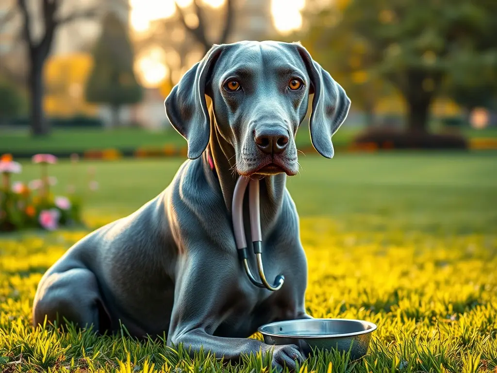 Weimaraner plateado, realista, en jardín dorado