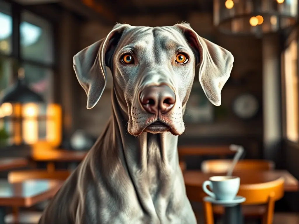 Retrato fotorealista de Weimaraner en café