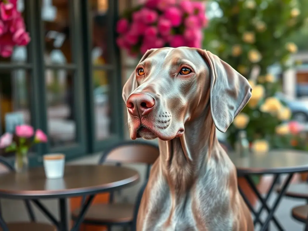 Fotografía realista de un Weimaraner elegante con flor de café