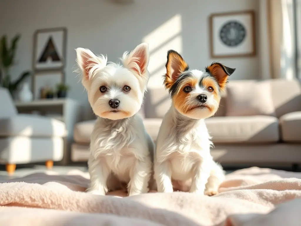 Yorkshire Terriers sobre manta en salón iluminado