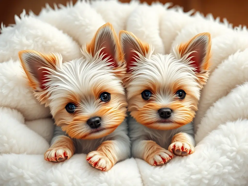 Ilustración realista de Yorkie y Parti Yorkie felices en una manta blanca