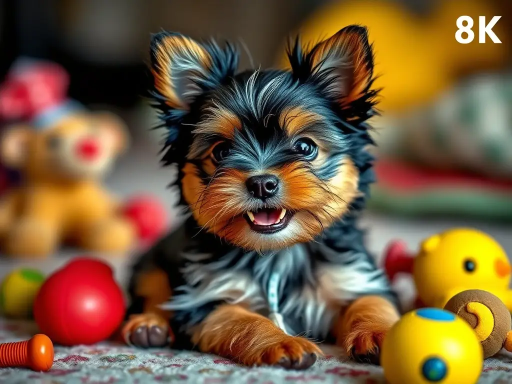 Fotorealistic fotografía de un cachorro Yorkie feliz y juguetón