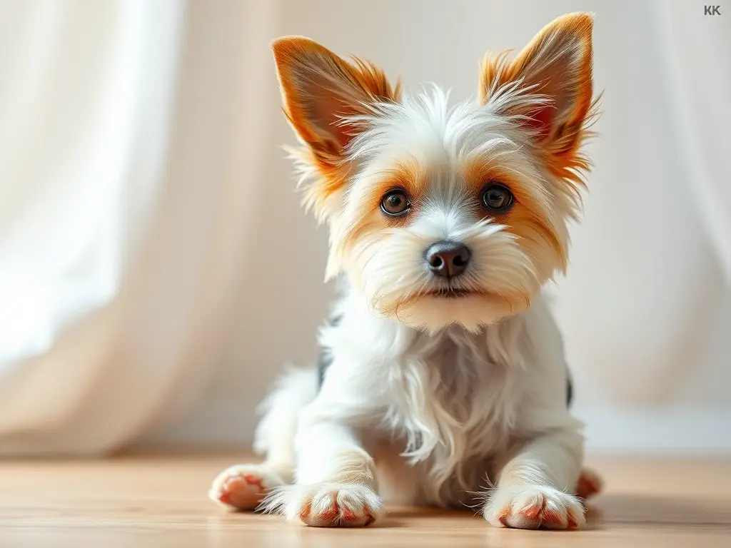 Una imagen fotográfica de un Yorkie elegante en un fondo de Parti Yorkie, con luz suave