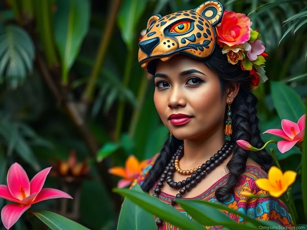 Foto realista de mujer yucateca con fauna protegida
