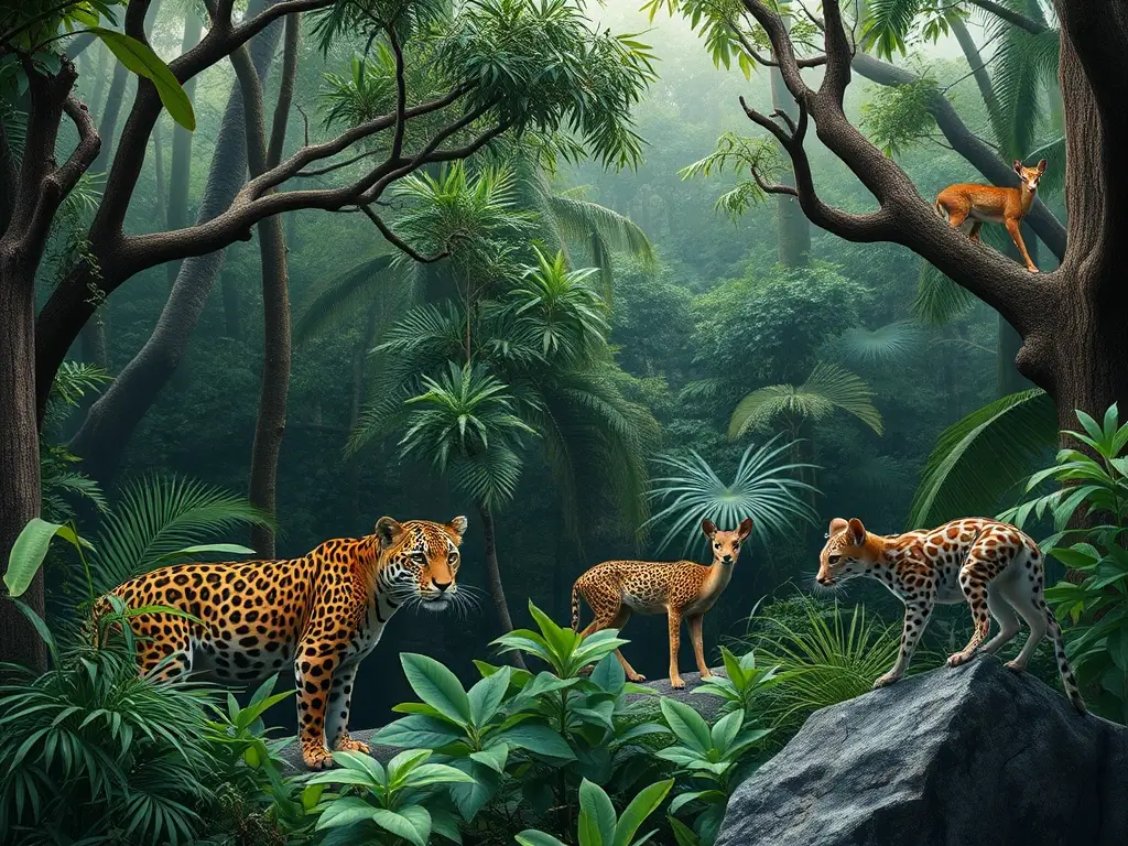 Fotografía realista de un ecosistema mágico en Yucatán con mamíferos