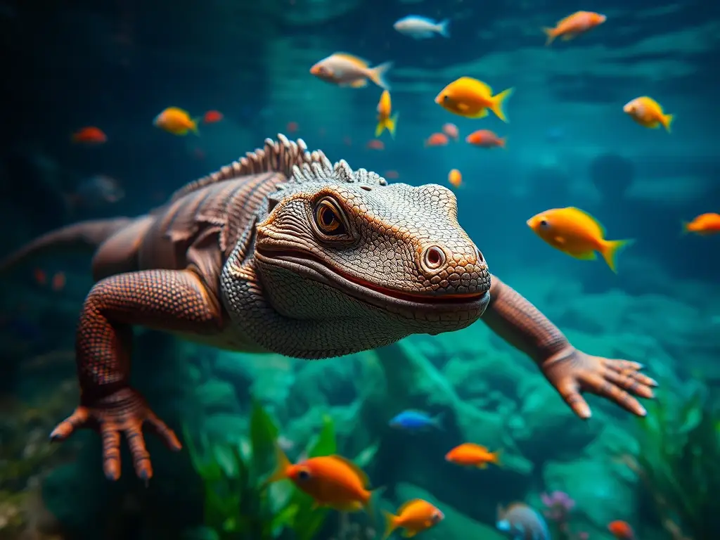 Imagen fotorealista de komodo en cenote, Yucatan